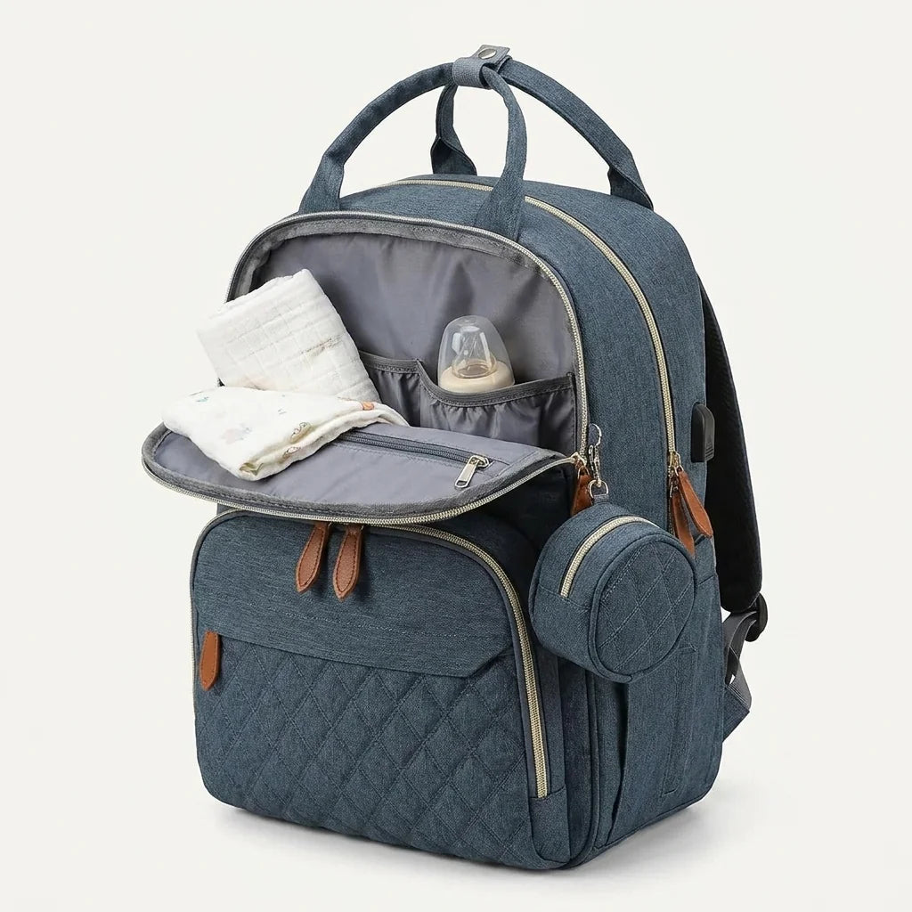Sac à langer 3 en 1 lit bebe deep blue grey - vue de face avec compartiments ouverts