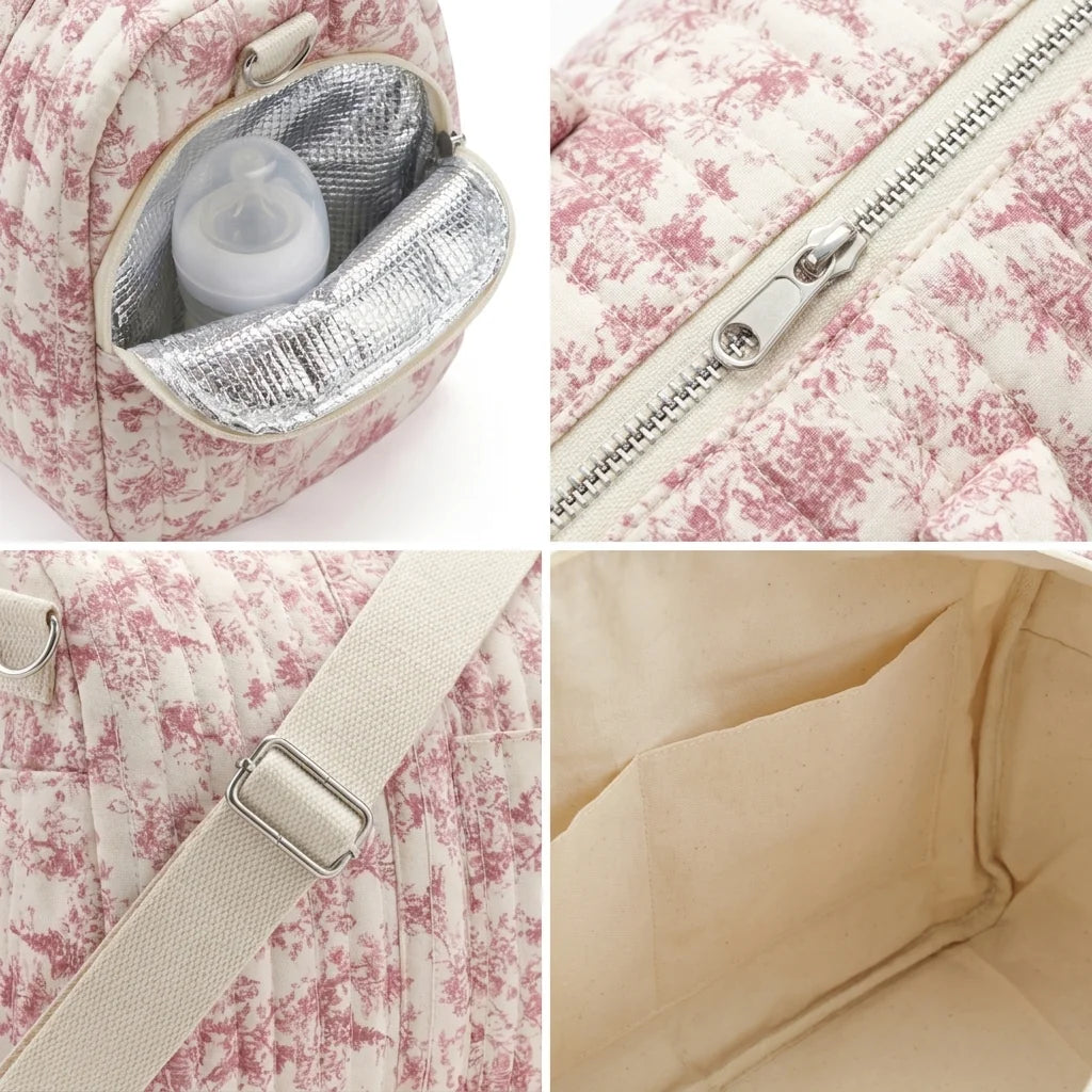 Détails techniques sac à langer cabas floral - poche isotherme imperméable bretelles