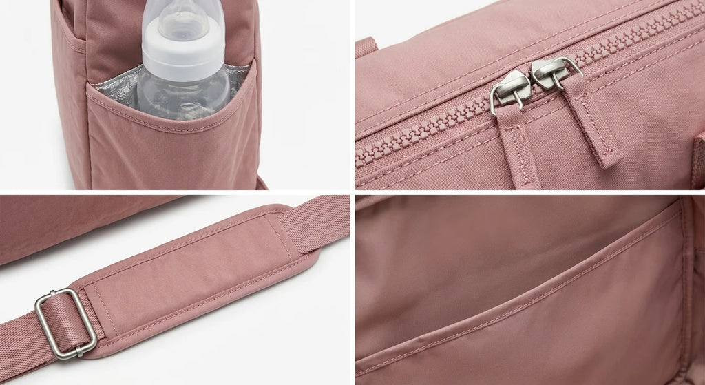 Détails techniques sac à langer cabas poussette - poche isotherme imperméable bretelles