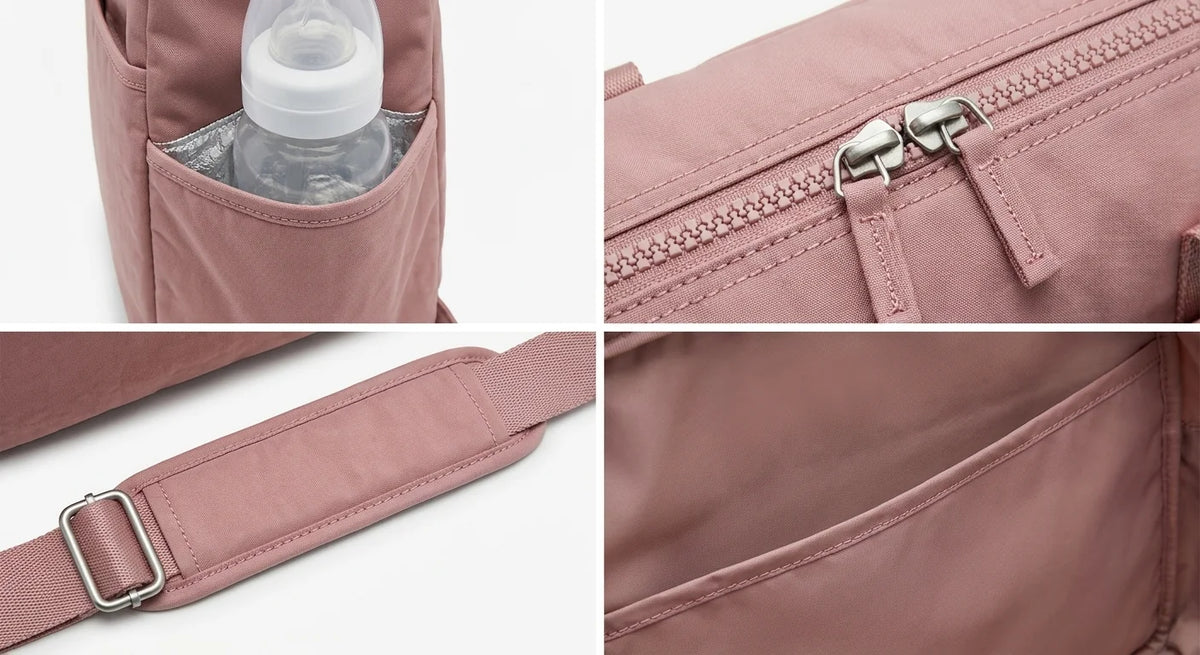 Détails techniques sac à langer cabas poussette - poche isotherme imperméable bretelles