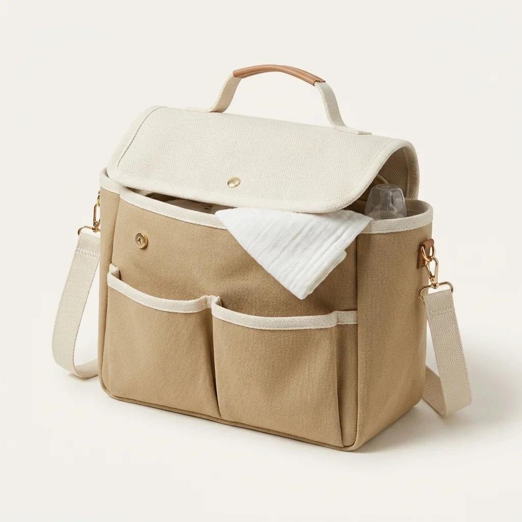 Sac à langer cabas toile off-white cream - vue de face avec compartiments ouverts