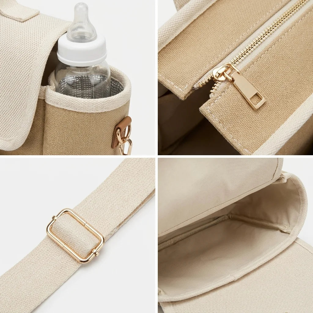 Détails techniques sac à langer cabas toile - poche isotherme imperméable bretelles