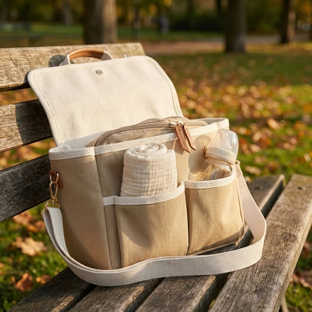 Sac à langer cabas toile off-white cream en situation au parc