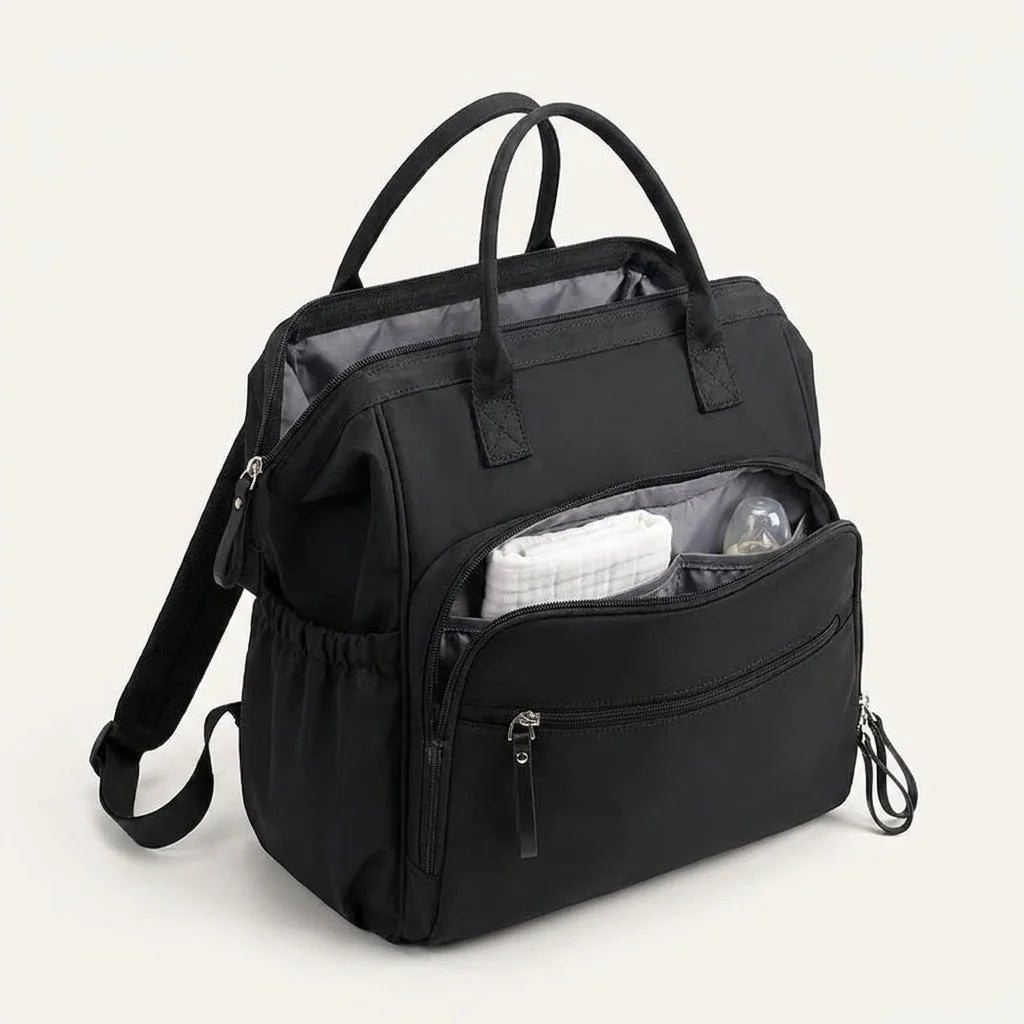 Sac à langer coton grande capacite deep matte black - vue de face avec compartiments ouverts