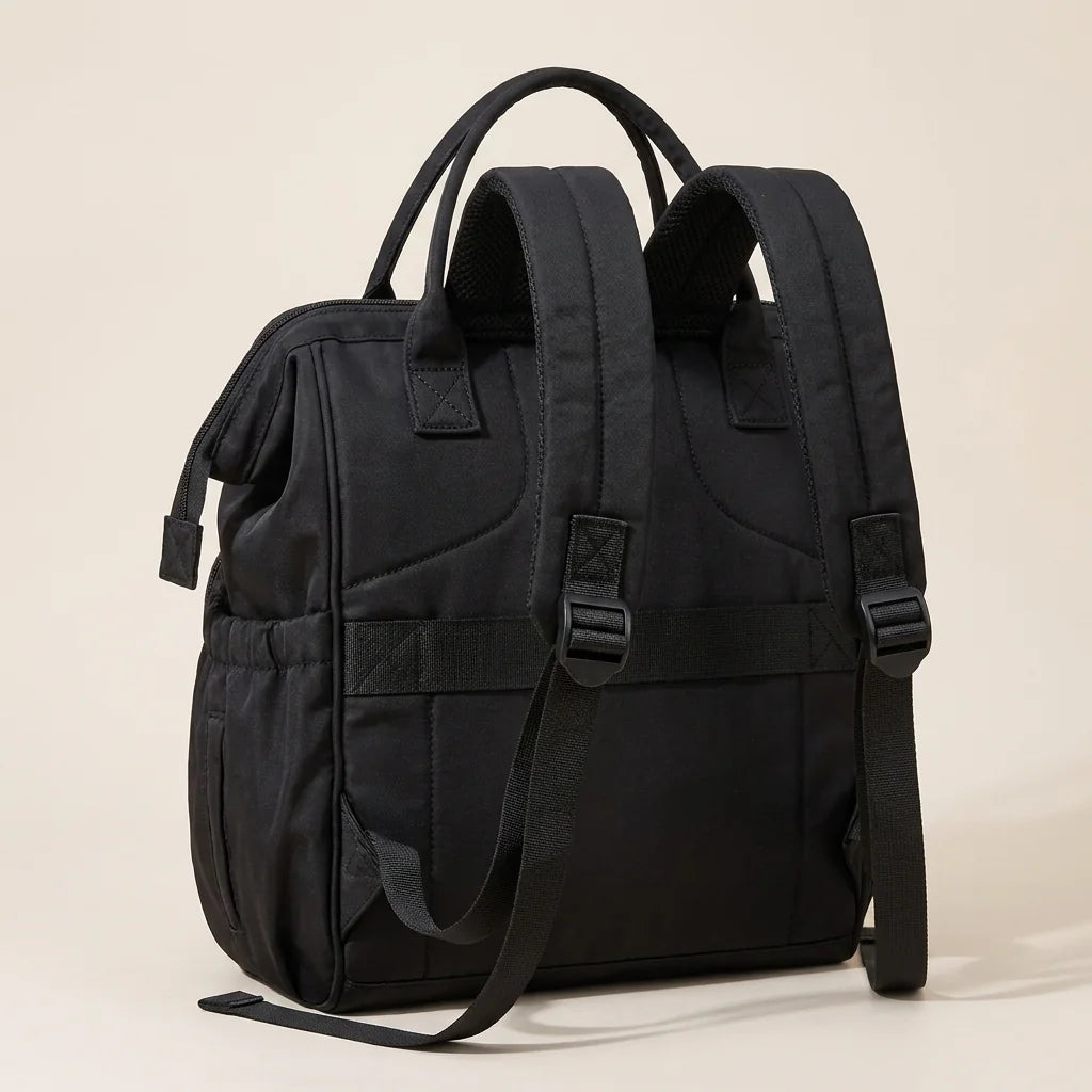 Sac à langer coton grande capacite deep matte black - système de portage et bretelles ergonomiques