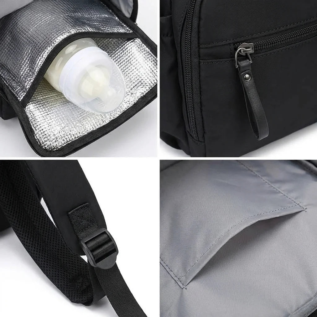 Détails techniques sac à langer coton grande capacite - poche isotherme imperméable bretelles