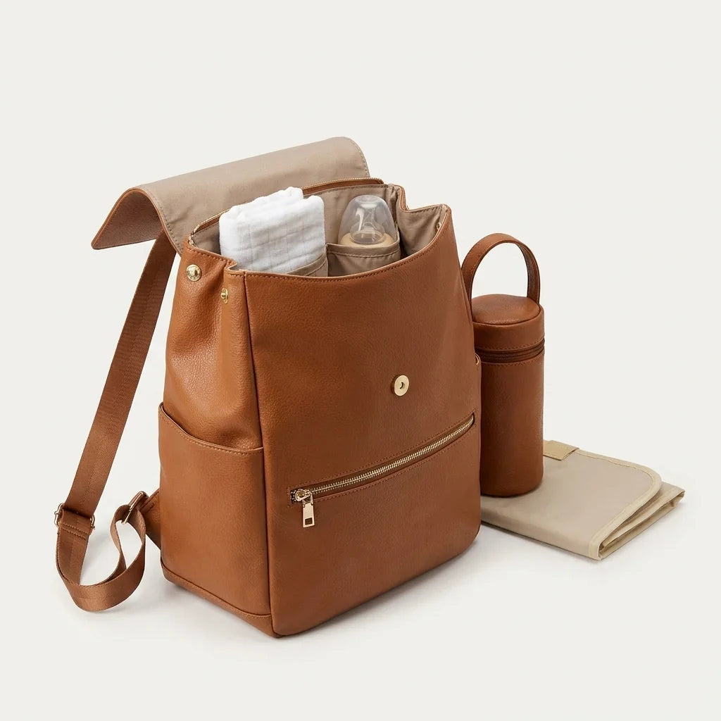 Sac à langer cuir matelas inclus warm cognac brown - vue de face avec compartiments ouverts