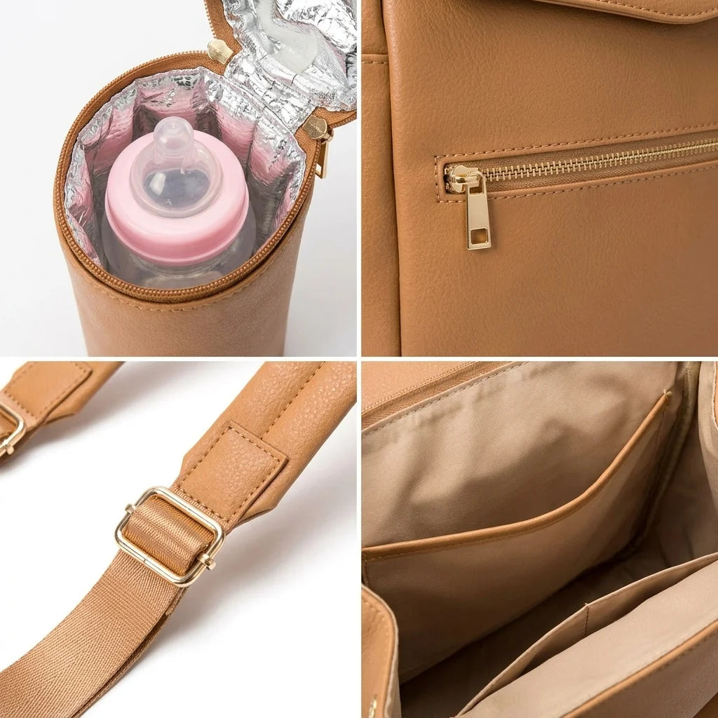 Détails techniques sac à langer cuir matelas inclus - poche isotherme imperméable bretelles