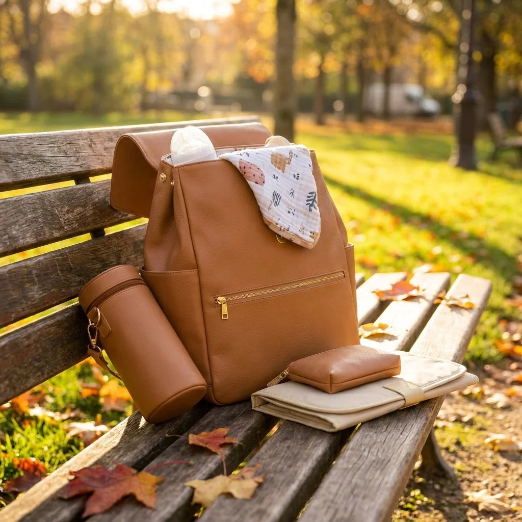 Sac à langer cuir matelas inclus warm cognac brown en situation au parc