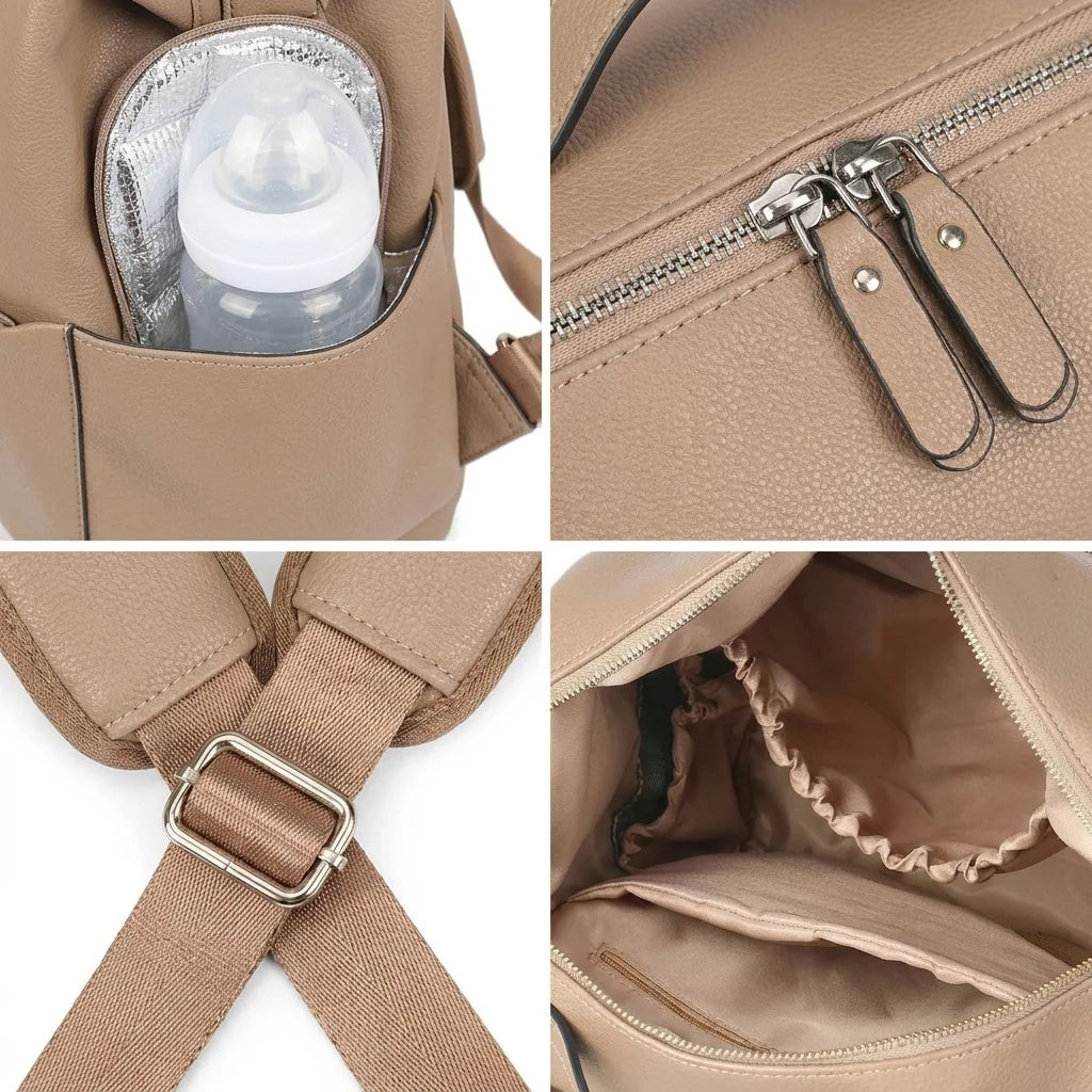 Détails techniques sac à langer cuir multi-poches - poche isotherme imperméable bretelles