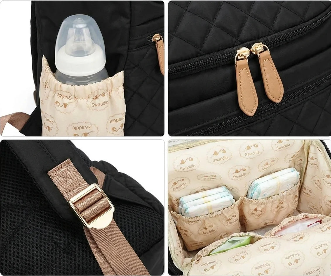 Détails techniques sac à langer denim patchwork - poche isotherme imperméable bretelles