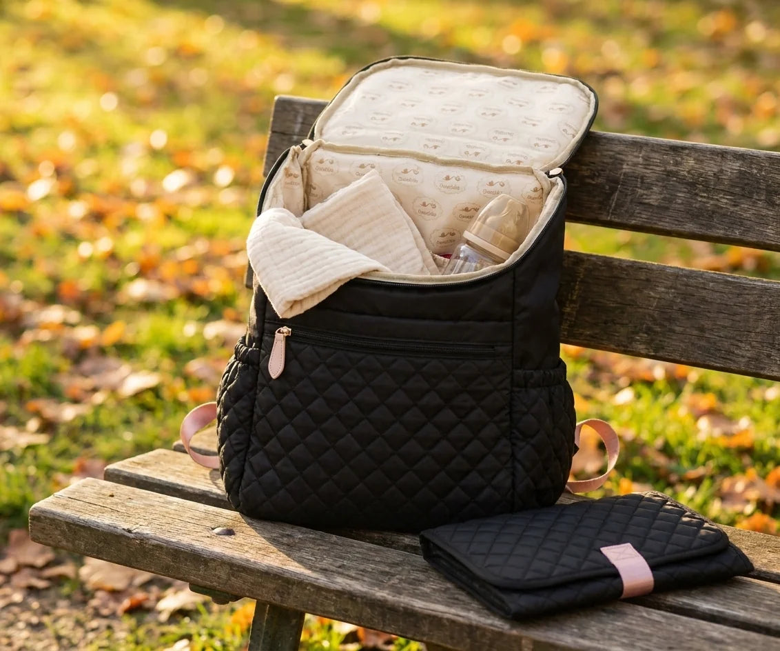 Sac à langer denim patchwork deep blue denim patchwork en situation au parc
