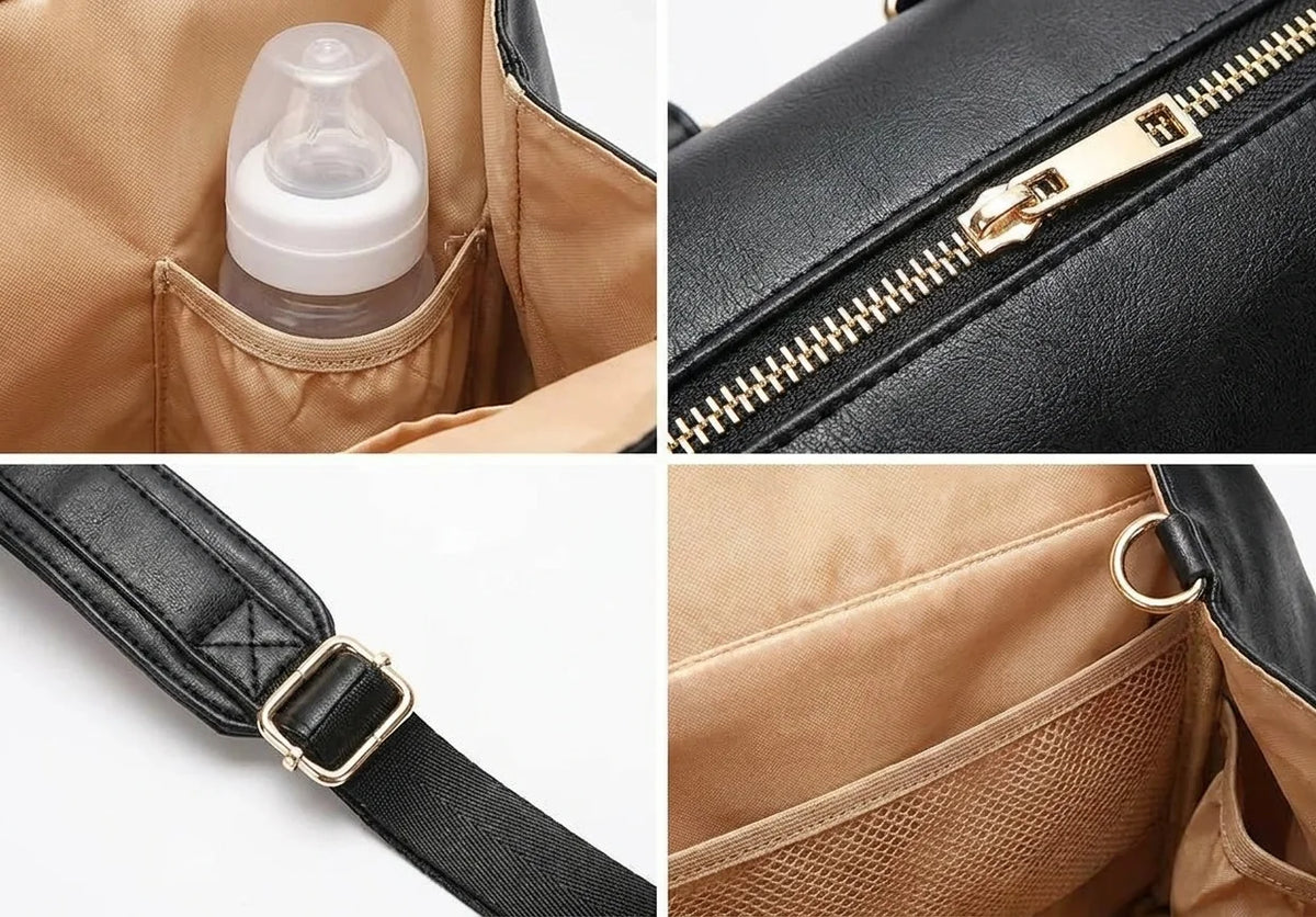 Détails techniques sac à langer impermeable cuir - poche isotherme imperméable bretelles
