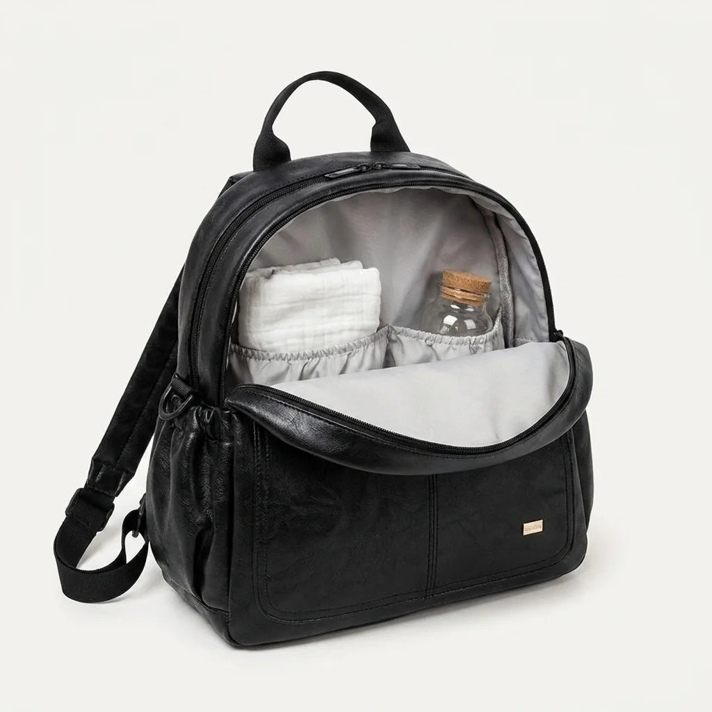 Sac à langer impermeable leger warm stone beige - vue de face avec compartiments ouverts