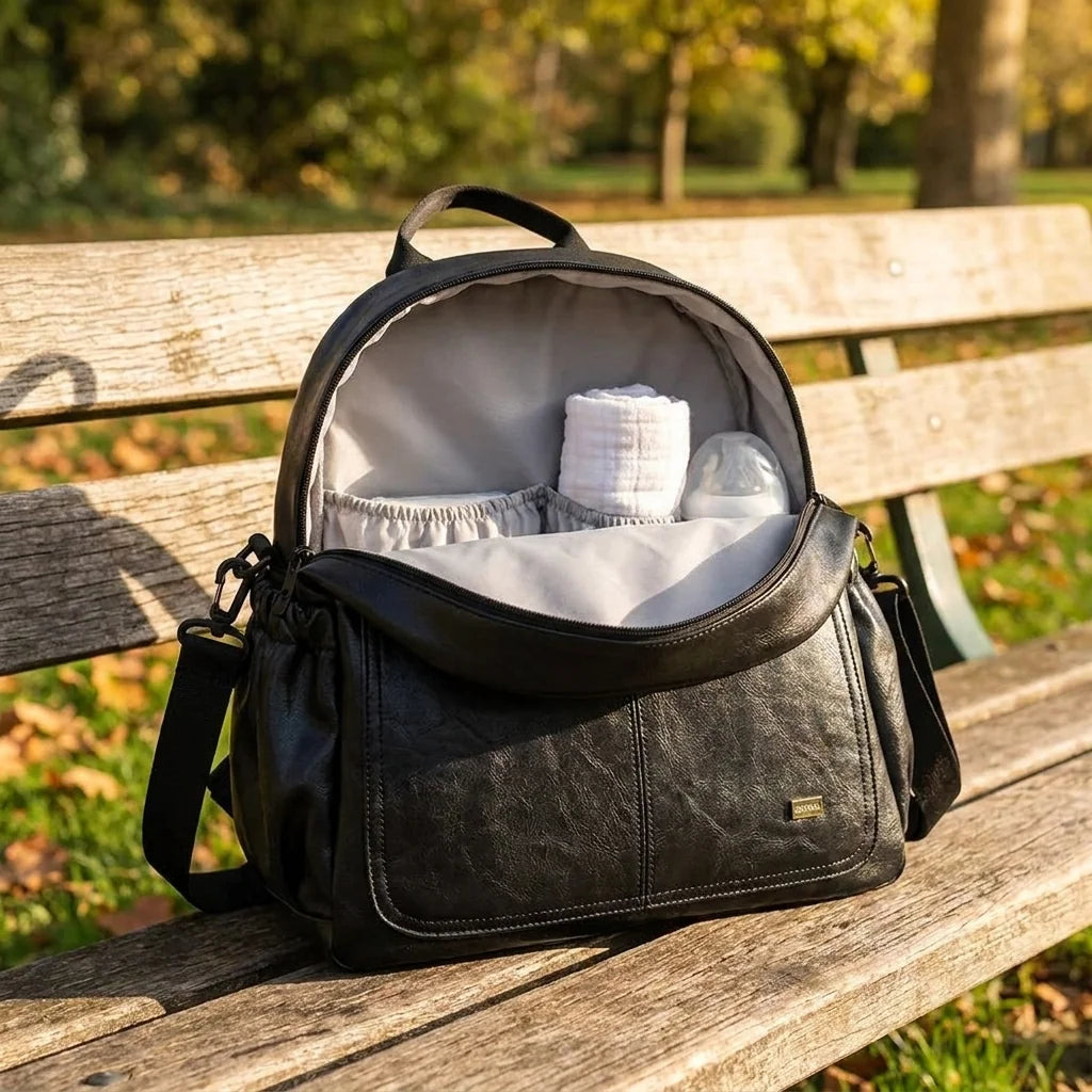 Sac à langer impermeable leger warm stone beige en situation au parc