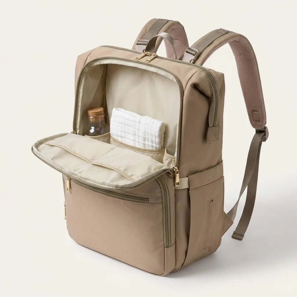 Sac à langer isotherme biberon deep matte black - vue de face avec compartiments ouverts