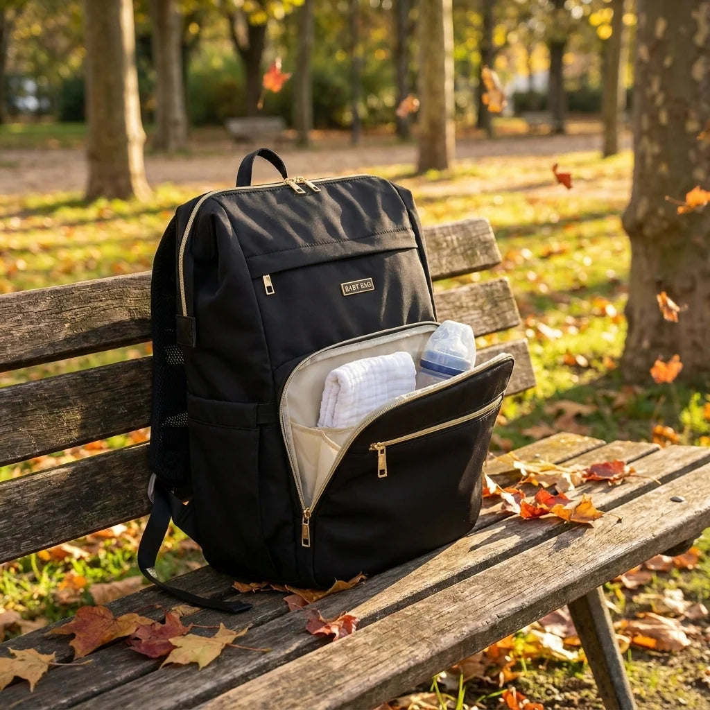 Sac à langer isotherme biberon deep matte black en situation au parc
