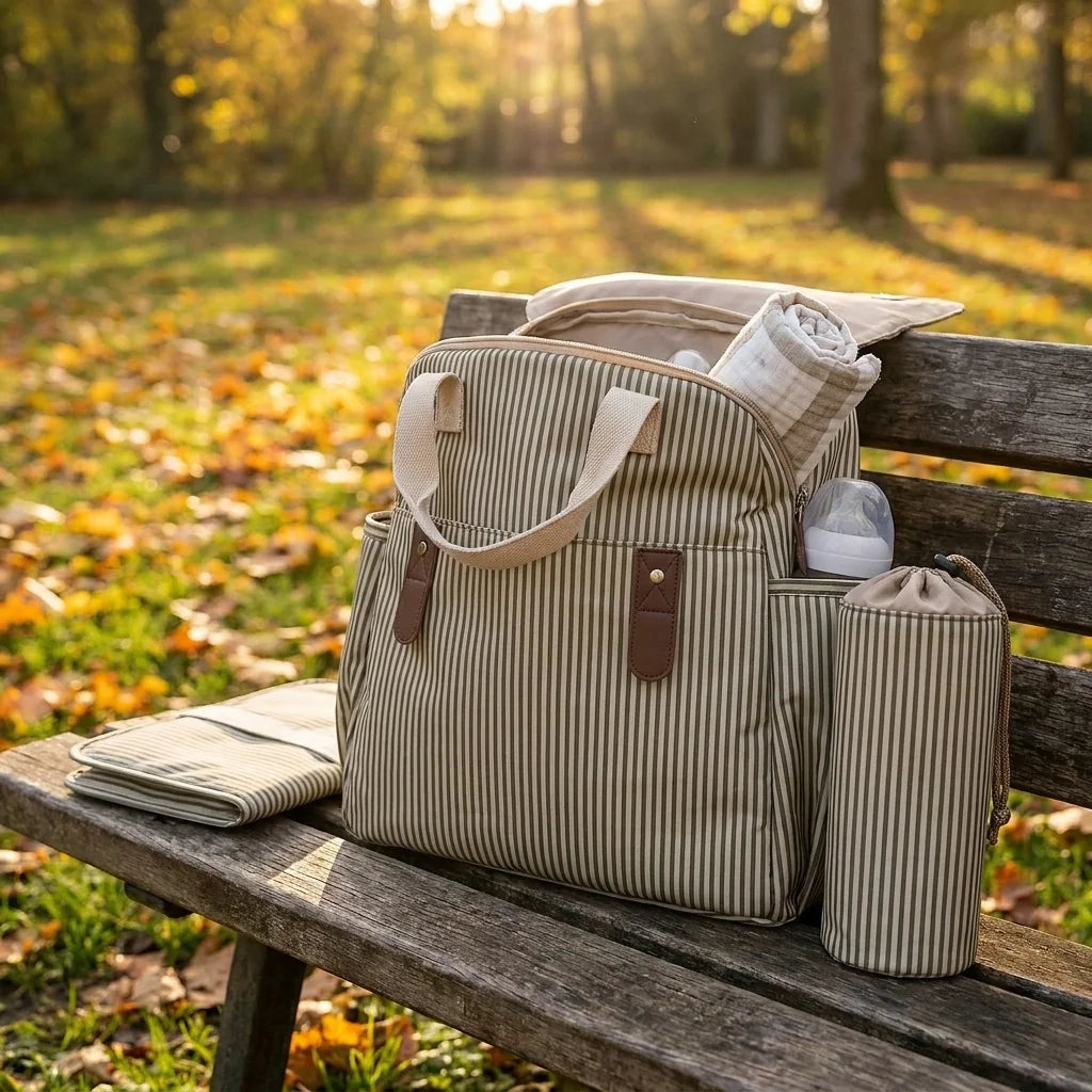 Sac à langer kit 3 en 1 muted khaki green en situation au parc