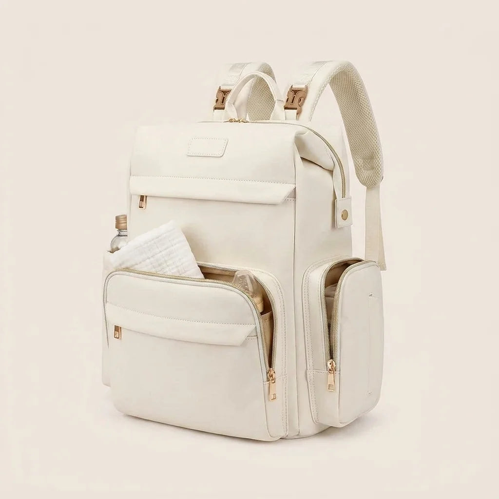 Sac à langer minimaliste compact off-white ivory - vue de face avec compartiments ouverts