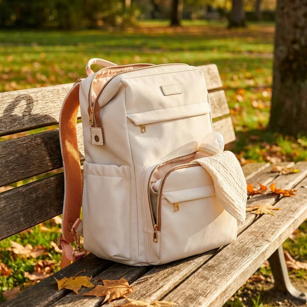 Sac à langer minimaliste compact off-white ivory en situation au parc