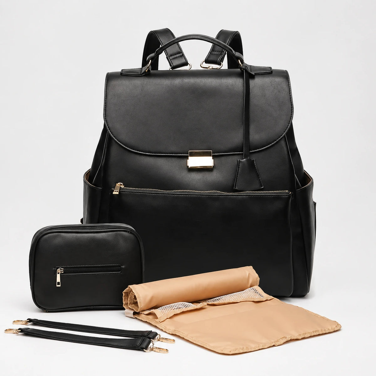 Sac à dos à langer imperméable simili cuir noir - vue d'angle 1