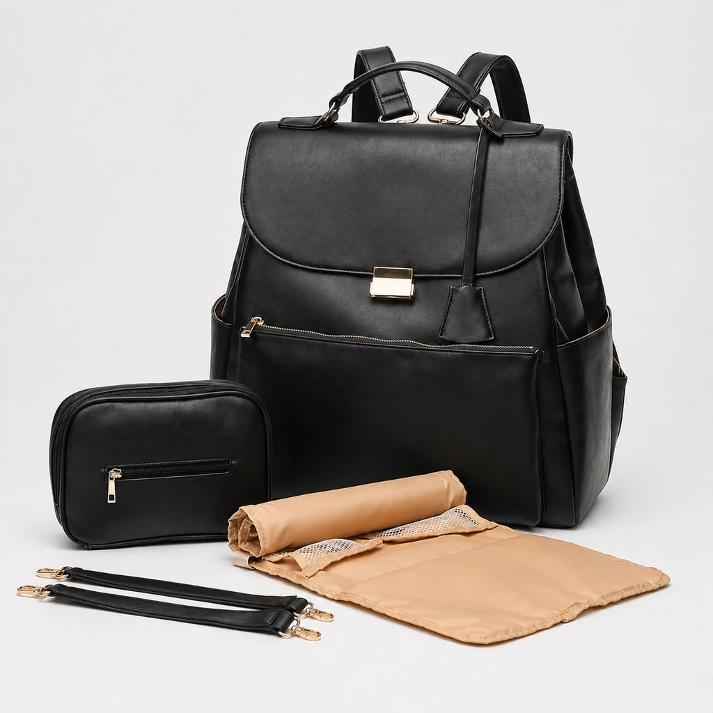 Sac à dos à langer imperméable simili cuir noir - vue d'angle 2