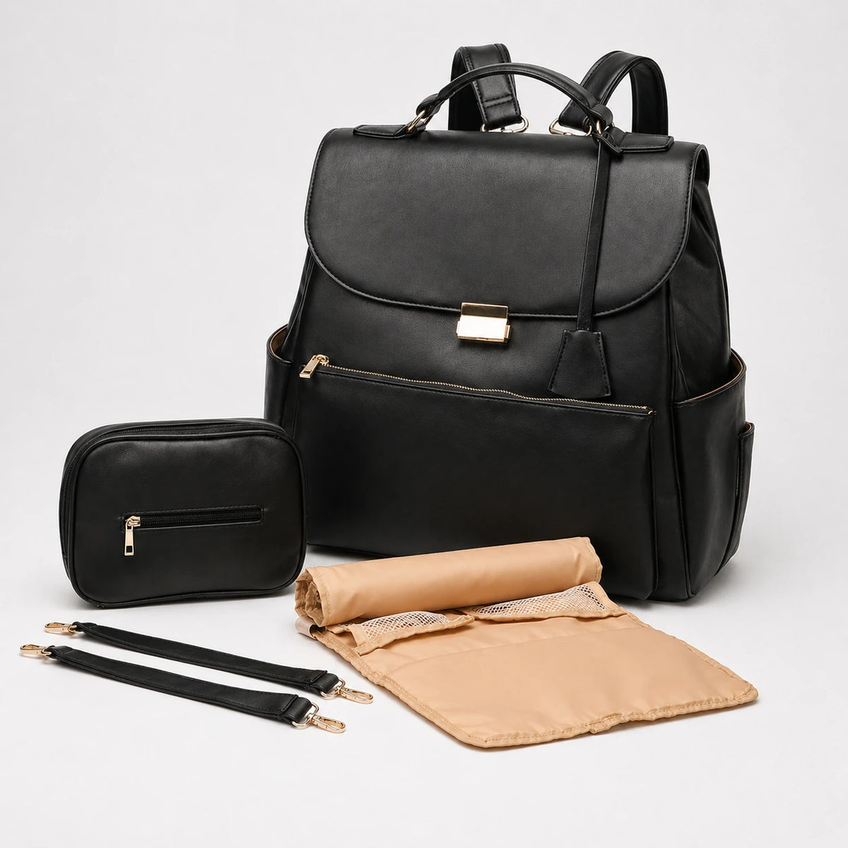 Sac à dos à langer imperméable simili cuir noir - vue d'angle 3