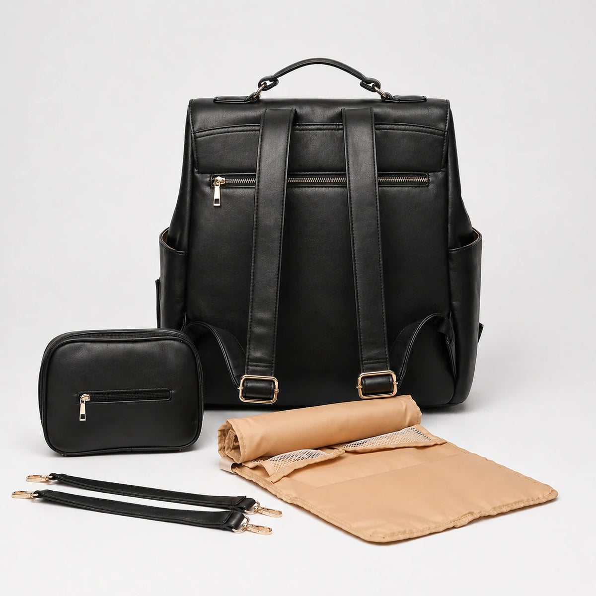 Sac à langer impermeable cuir deep matte black - système de portage et bretelles ergonomiques