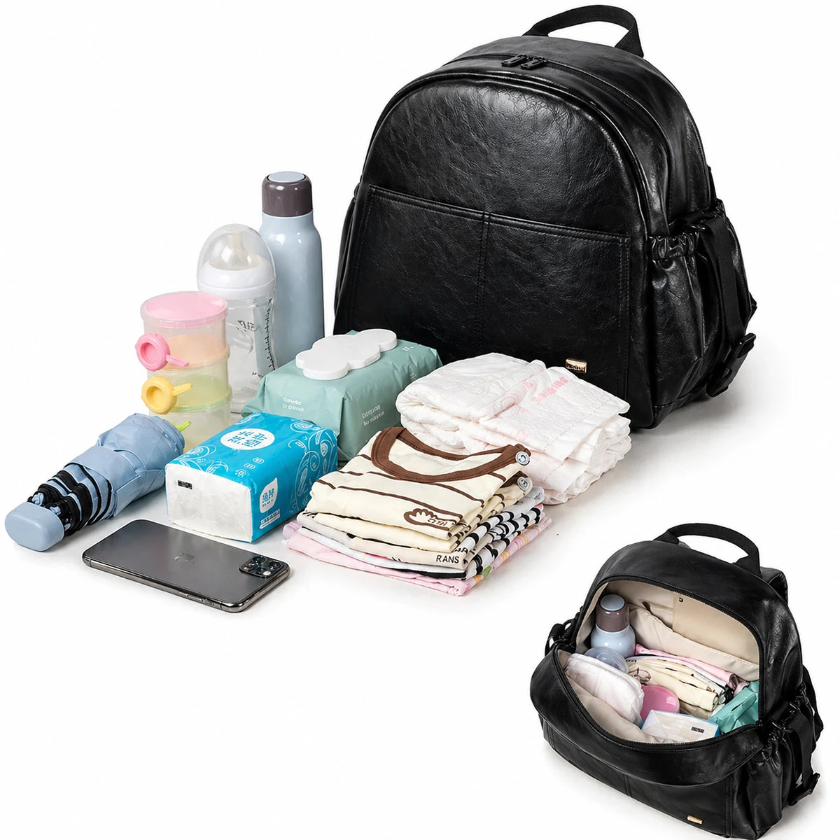 Sac à dos à langer simili cuir imperméable - grande capacité noir