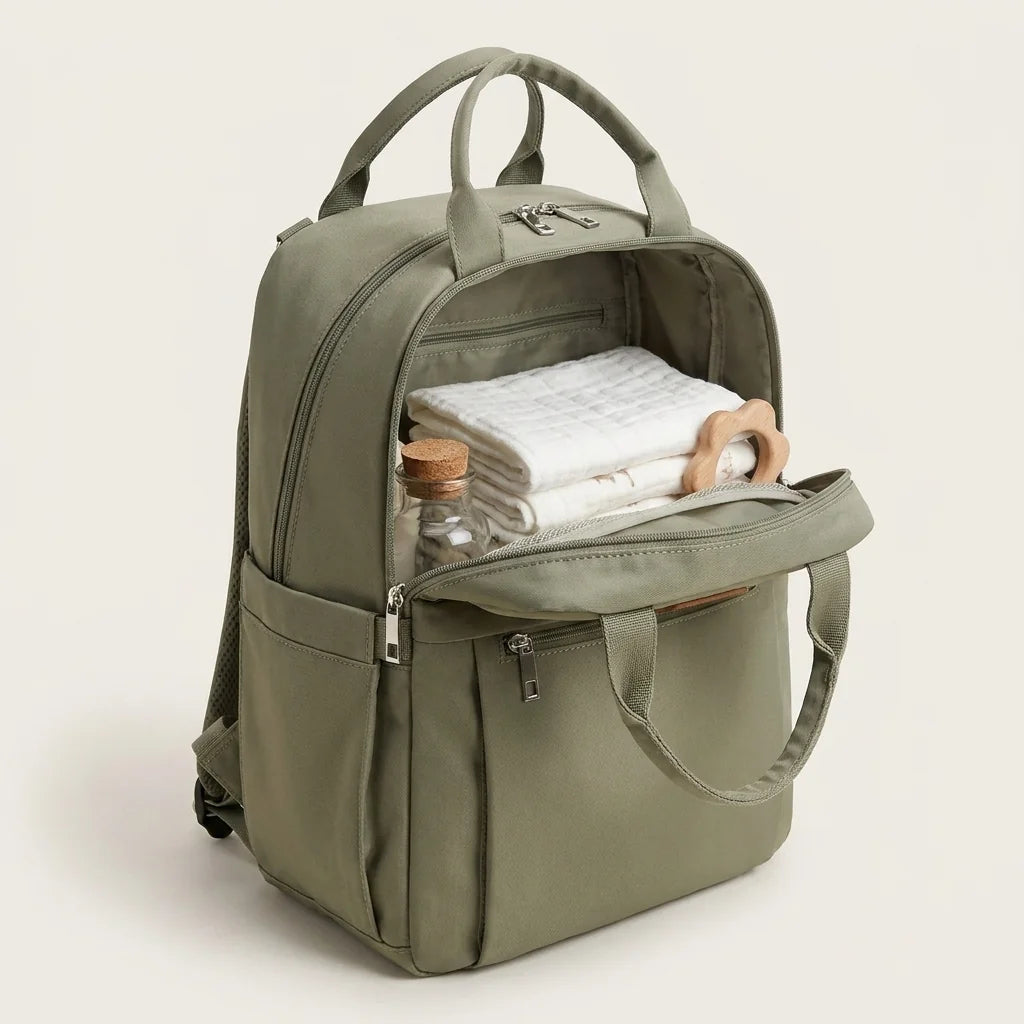 Sac à langer pliable leger muted khaki green - vue de face avec compartiments ouverts