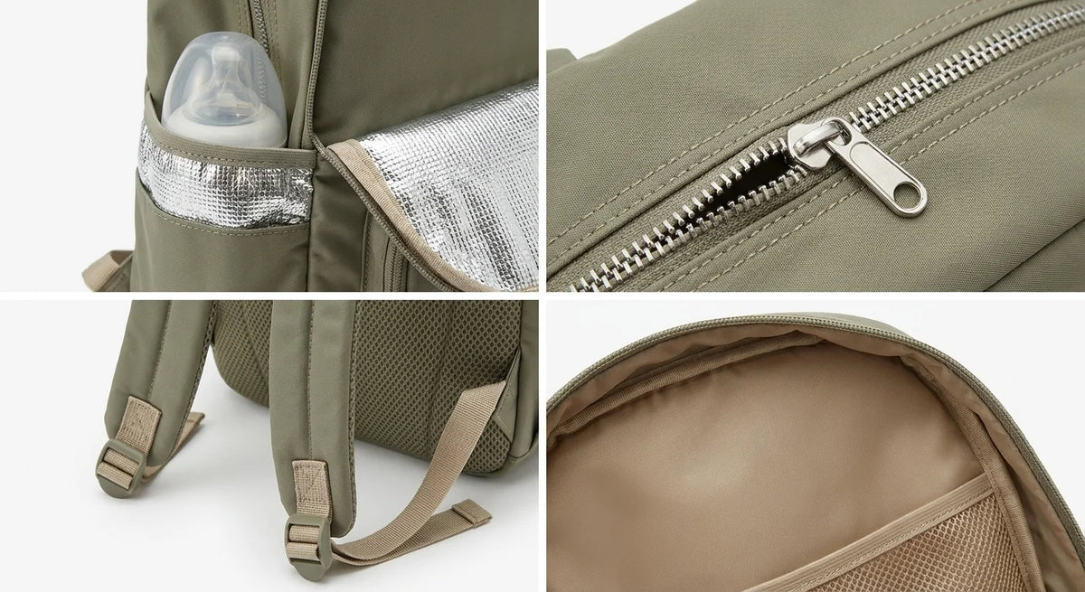 Détails techniques sac à langer pliable leger - poche isotherme imperméable bretelles