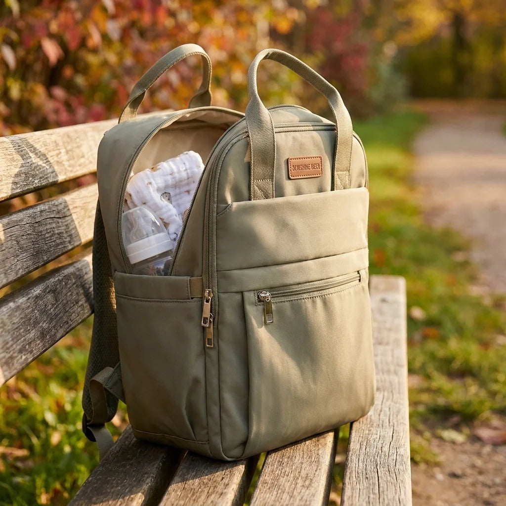 Sac à langer pliable leger muted khaki green en situation au parc