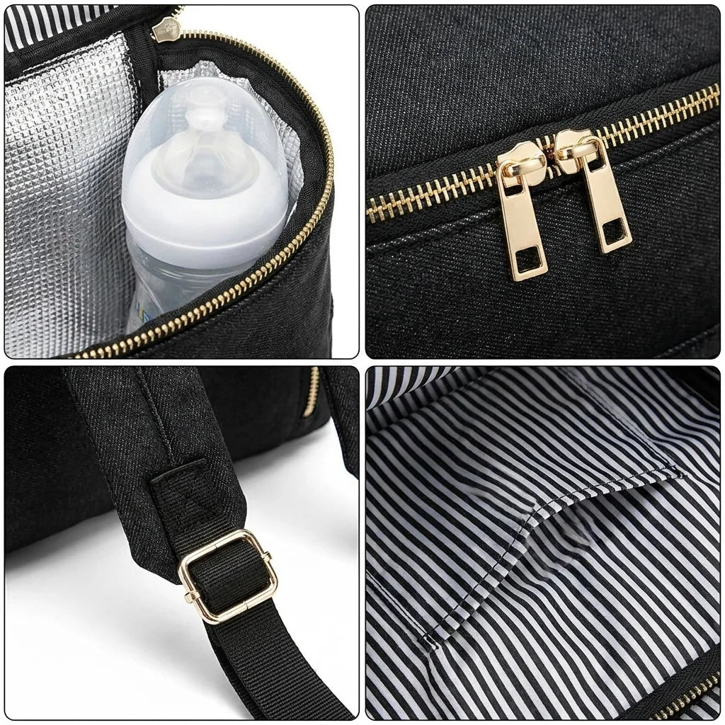 Détails techniques sac à langer poussette sangles - poche isotherme imperméable bretelles