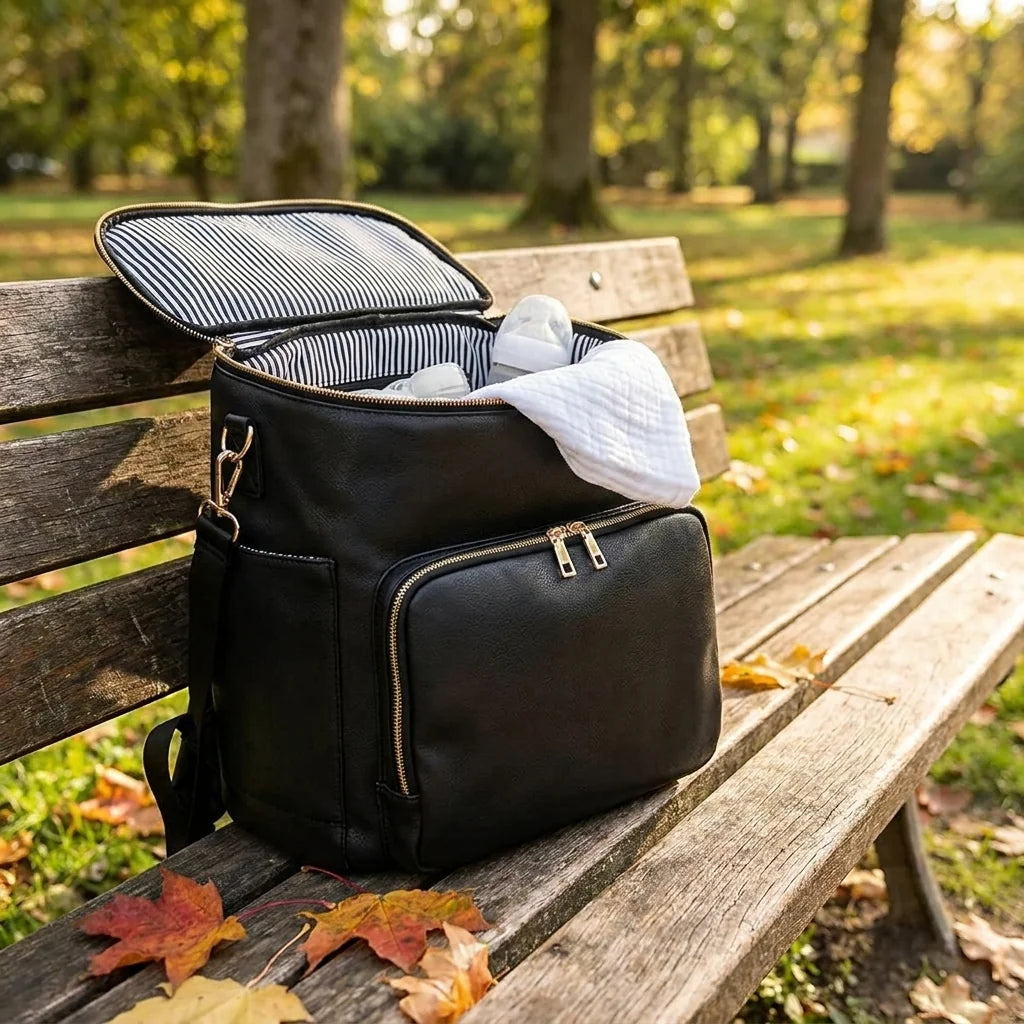 Sac à langer poussette sangles deep black denim en situation au parc