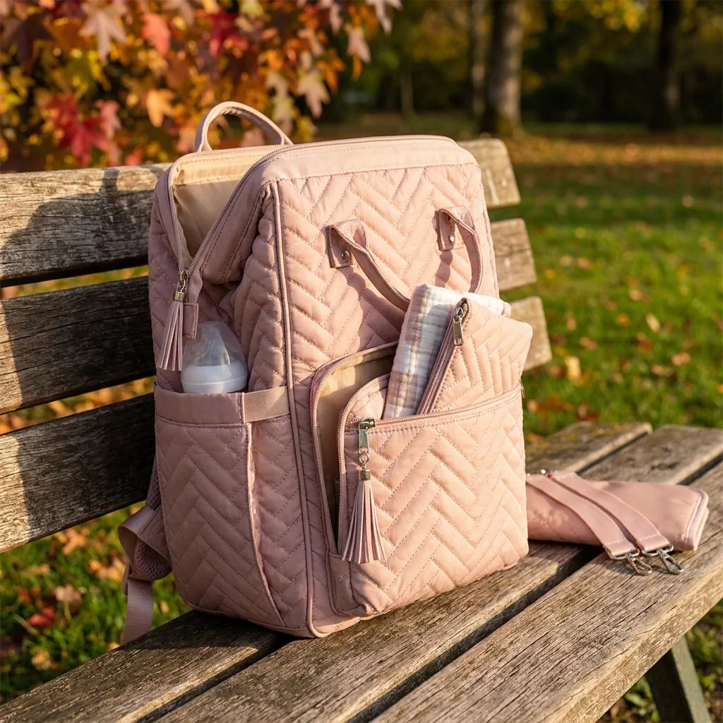 Sac à langer set 5 pieces coordonnees dusty pink rose en situation au parc