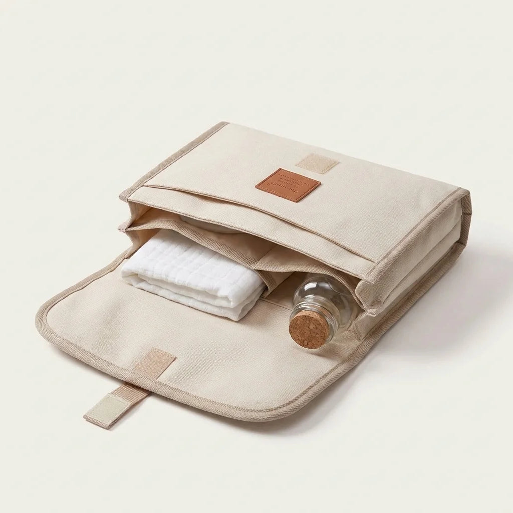 Sac à langer tapis nomade soft beige nude - vue de face avec compartiments ouverts