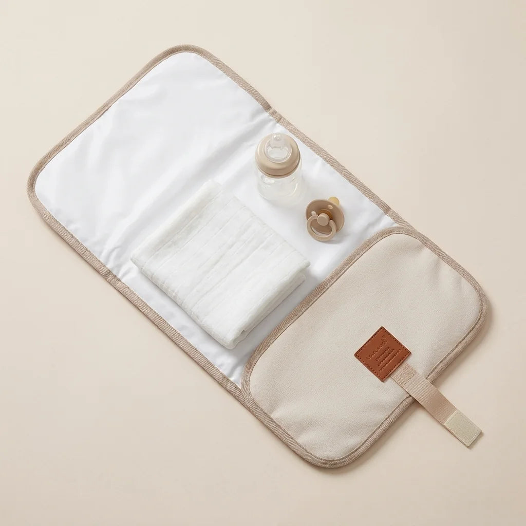 Tapis à langer nomade soft beige nude - déplié avec accessoires bébé