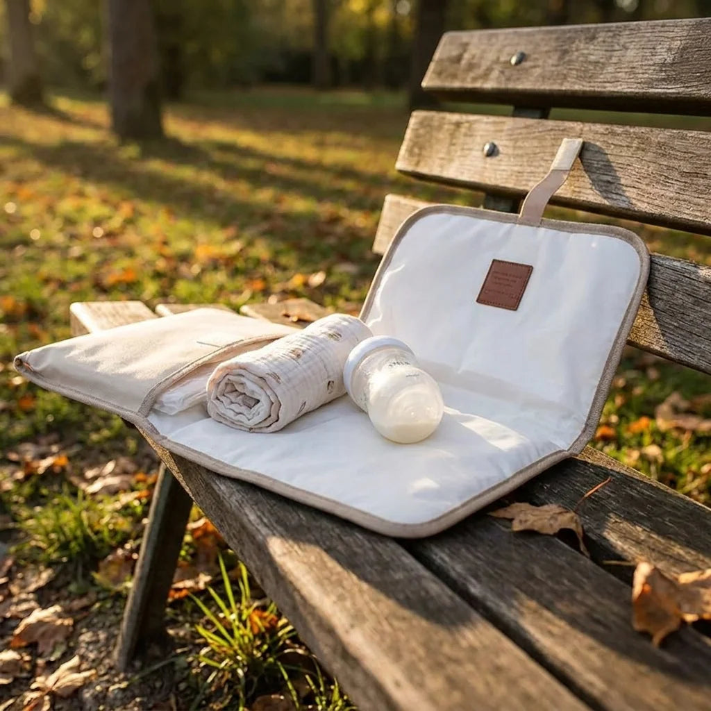 Sac à langer tapis nomade soft beige nude en situation au parc