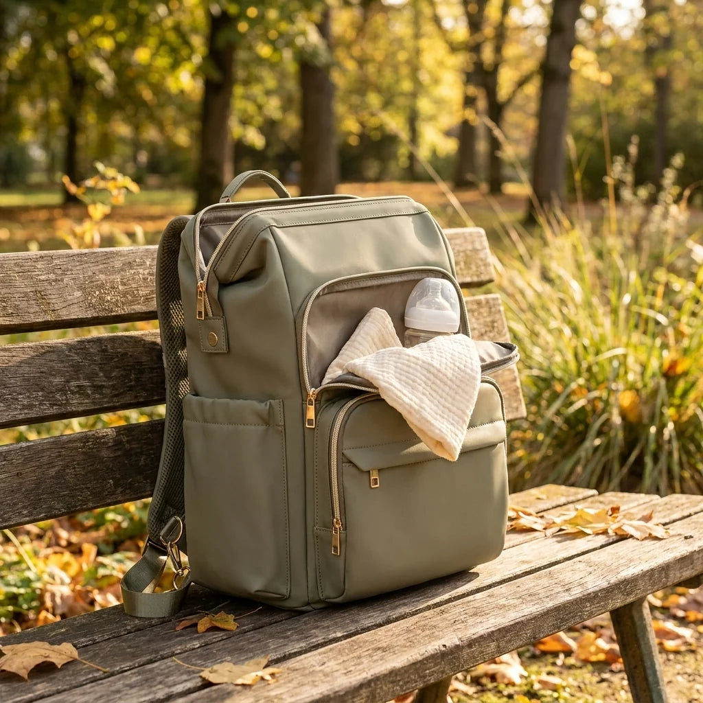 Sac à langer unisexe papa maman muted khaki green en situation au parc