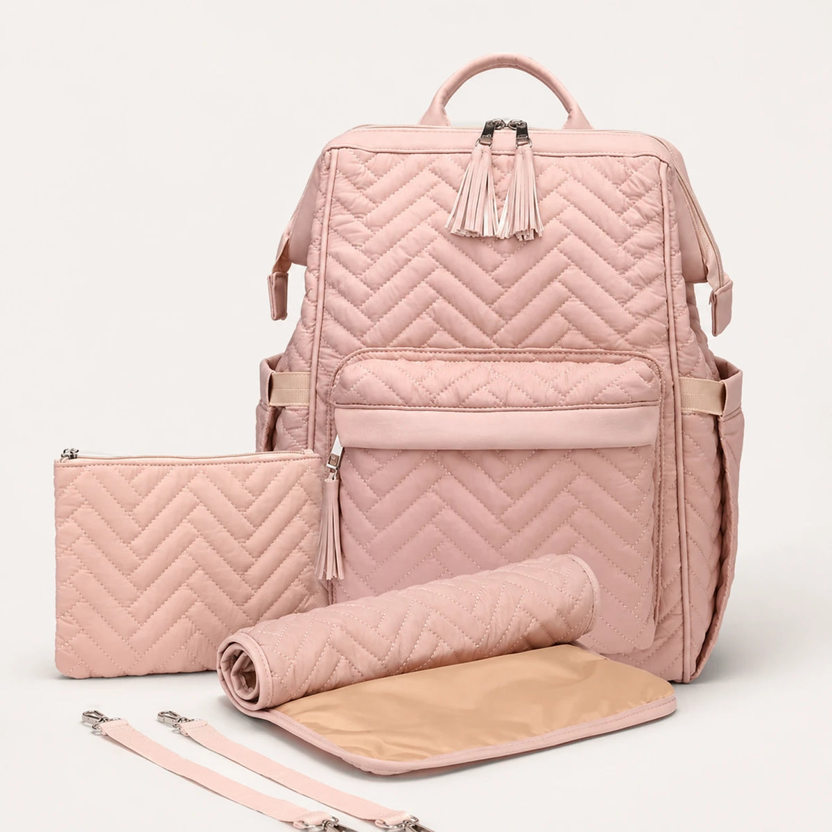 Sac à langer set 5 pieces coordonnees dusty pink rose - vue de face avec compartiments ouverts